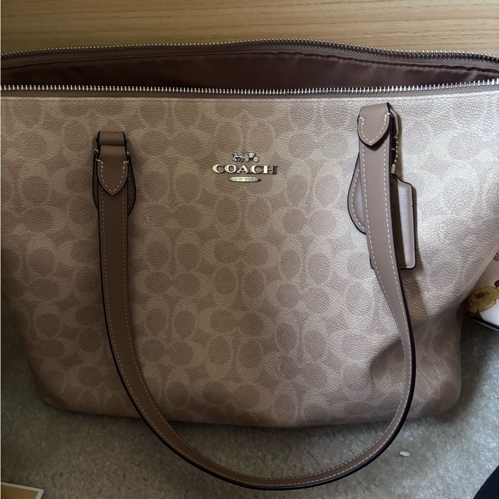 Coach Tan Signature Tote with Leather Trim